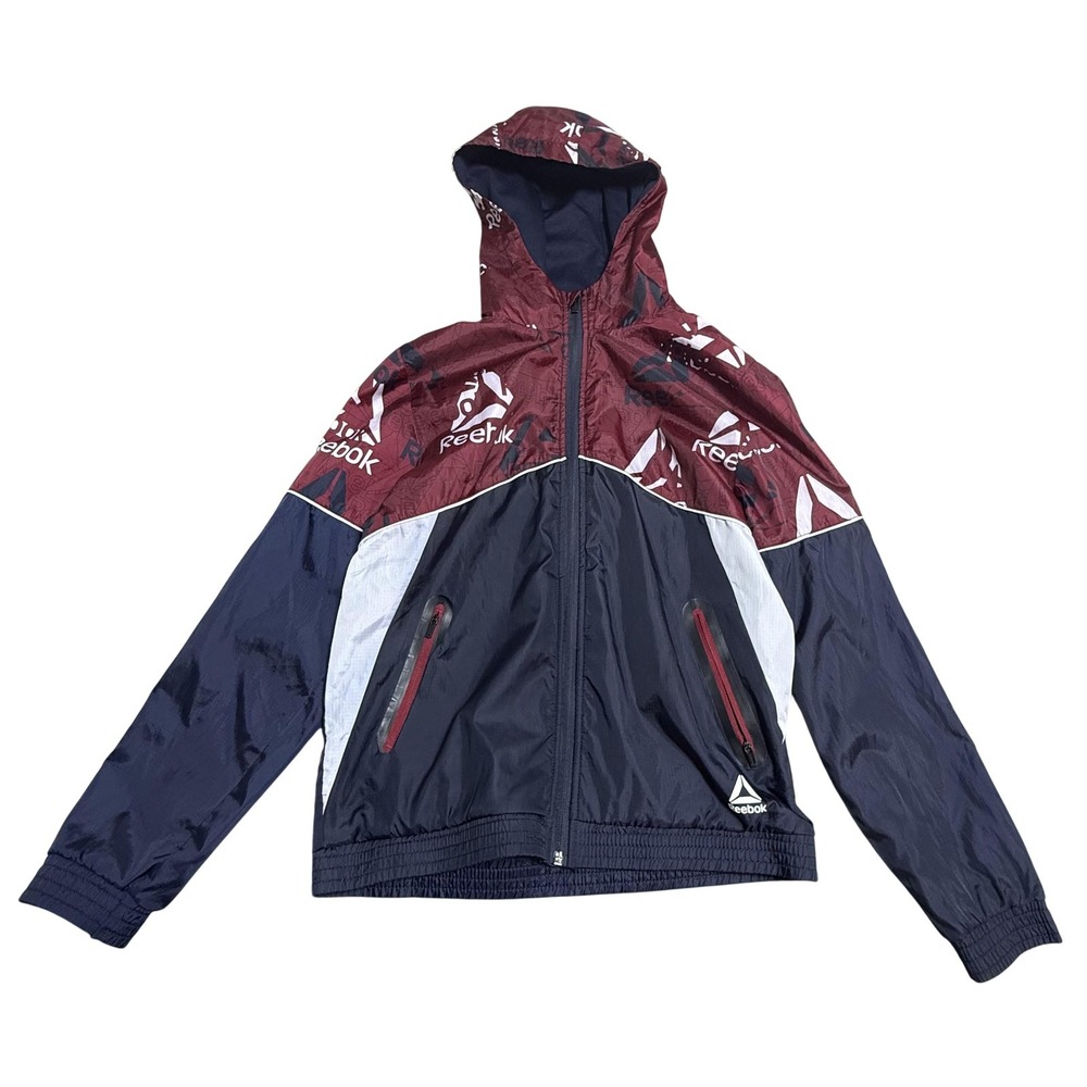 Reebok Jacket Youth 14/16 Blue Burgundy Hooded Windbreaker Colorblock Logo Print
